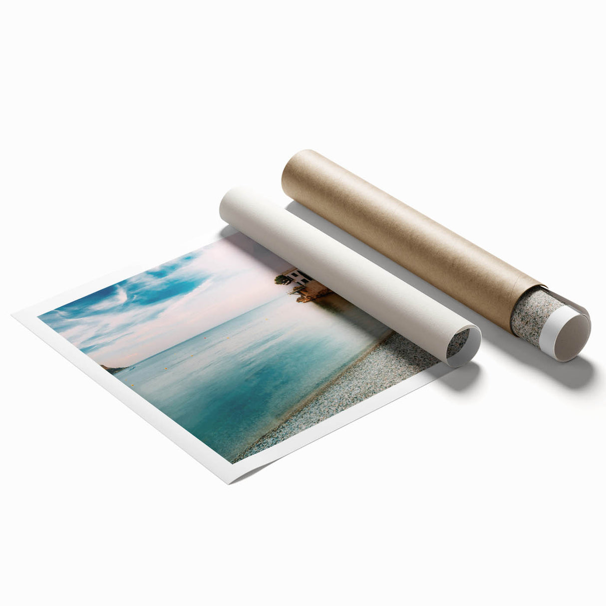 Rolled print of a Provence landscape with lavender fields in muted purple and green tones.