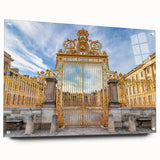 Acrylic print of the Versailles Palace, featuring detailed architecture in soft pastel shades, ideal for dining room decor.