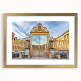 Abstract art print of Versailles with muted gold and beige tones on a framed canvas, suitable for dining room decor.