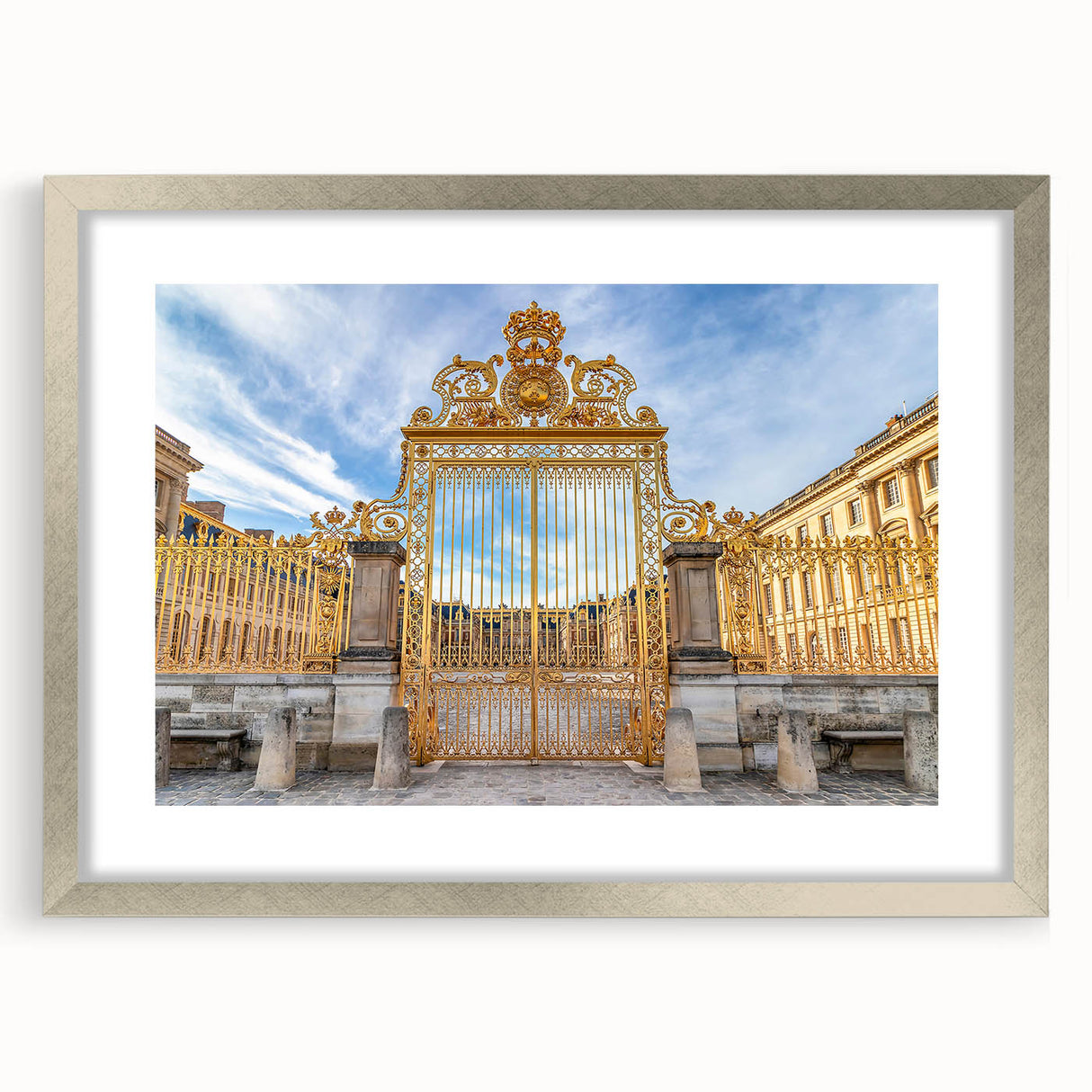 Extra large abstract art print of Versailles scenery in silver frame, featuring textured shades of blue and gray.