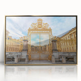 Art Deco poster of Versailles scenery in gold and blue tones on framed acrylic, suitable for modern art wall decor.