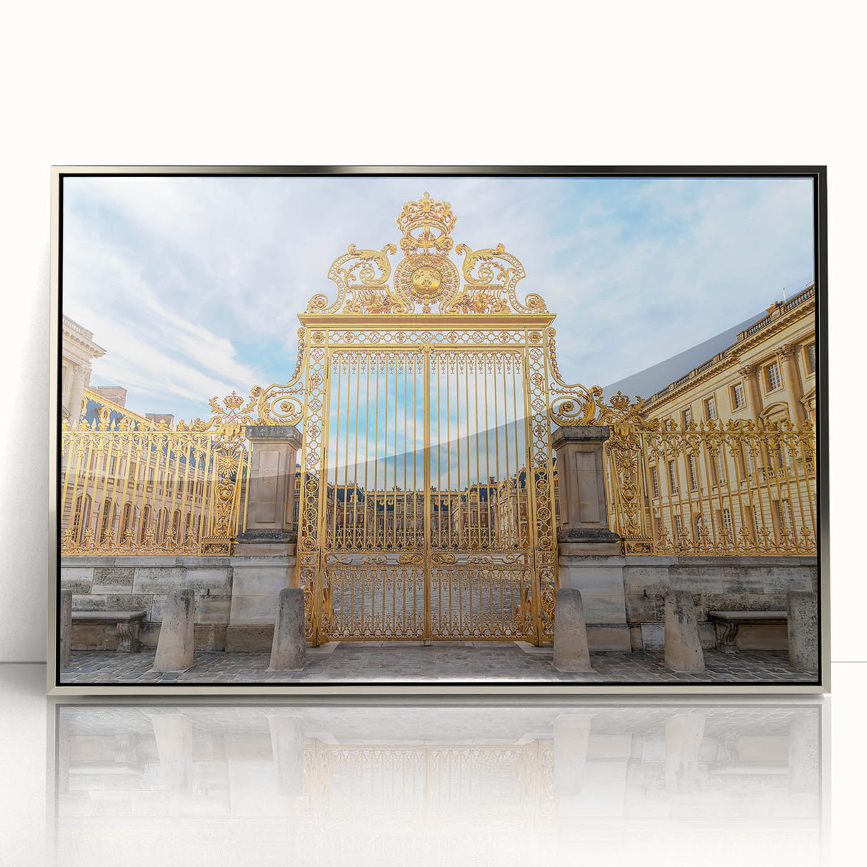 Large acrylic print of Versailles gardens in muted greens and blues, ideal for modern art wall decor.