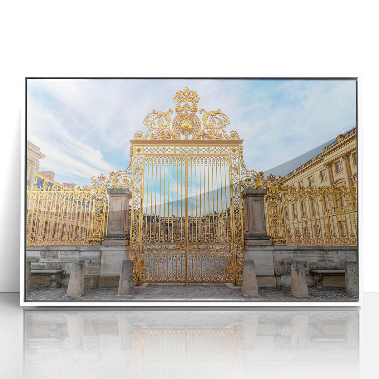 Mid-century modernist art depicting the Versailles palace in muted pastel shades, framed acrylic, ideal for nursery wall art.