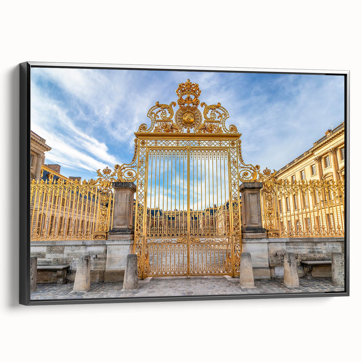 Black and white framed canvas featuring a vintage poster art of the Versailles landscape, ideal for bedroom decor.