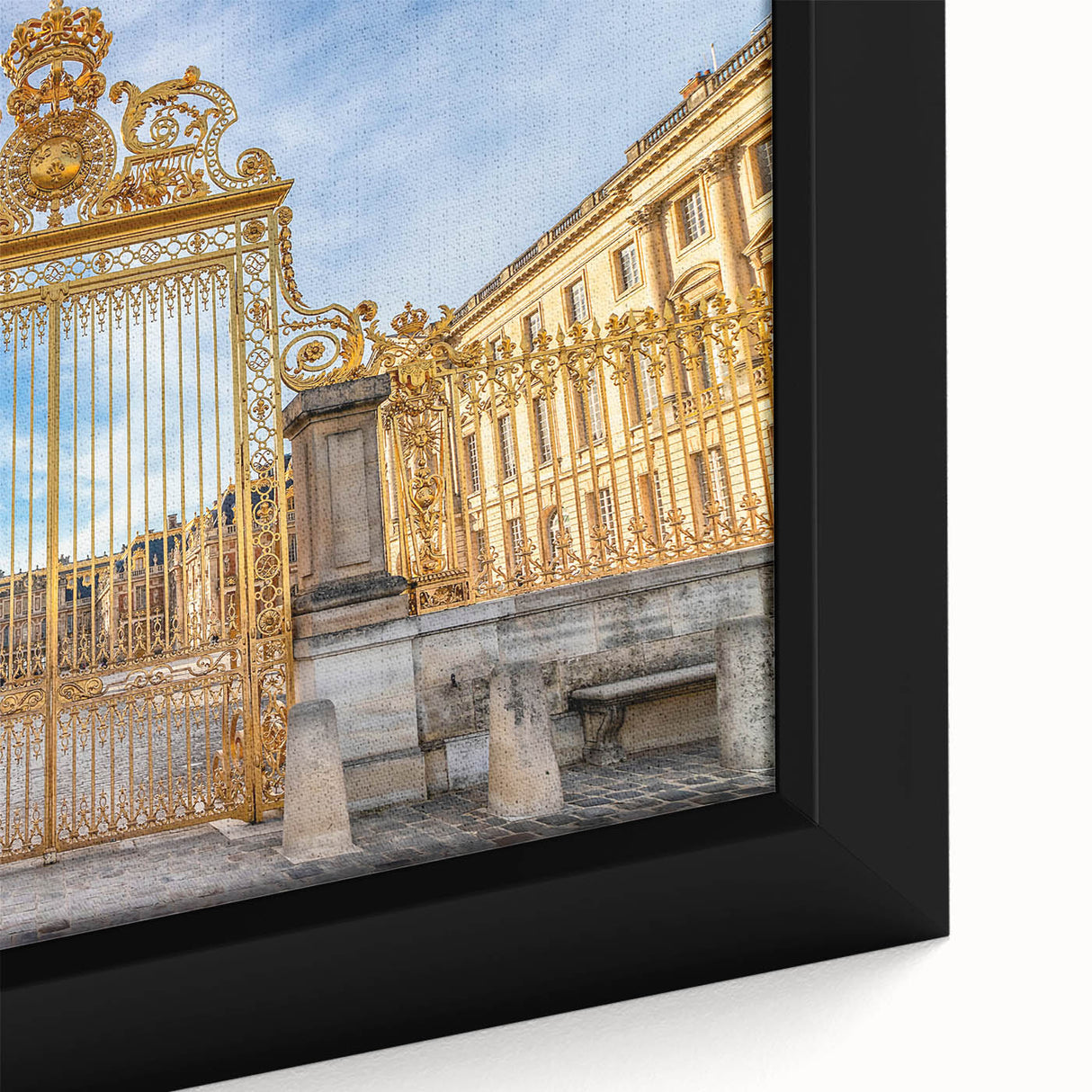 Extra large framed canvas of a black textured art piece depicting the Versailles scenery, with colorful accents.