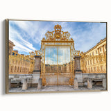 Framed canvas depicting the Versailles landscape in muted gold and black tones, suitable as wall art for a bedroom.