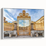 Vintage poster art of Versailles in colorful hues on extra large framed canvas, ideal for living room decor.