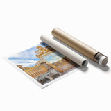 Extra large rolled print featuring the Versailles gardens in muted green and floral hues, ideal for classy bathroom wall art.