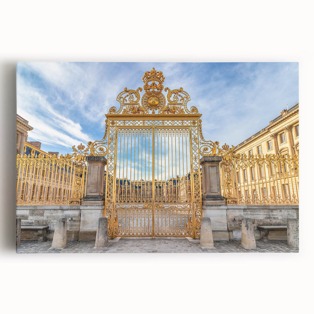 Black and white photograph of the Palace of Versailles on stretched canvas.