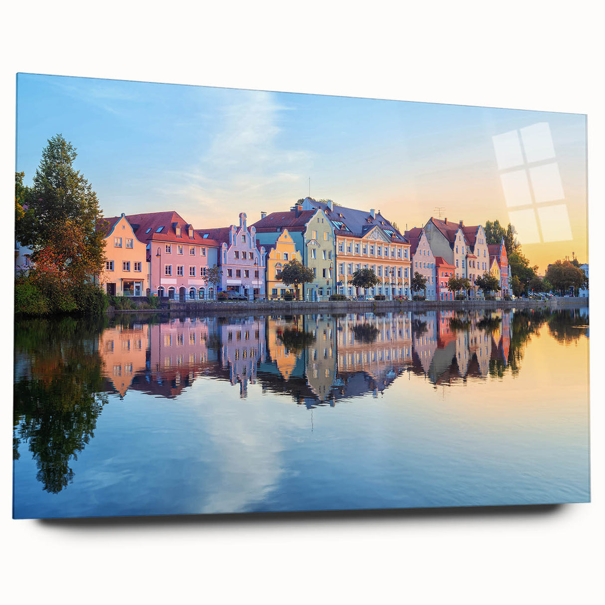 Large acrylic print of a Bavarian landscape in muted green and blue tones, ideal for bedroom or dining room art.
