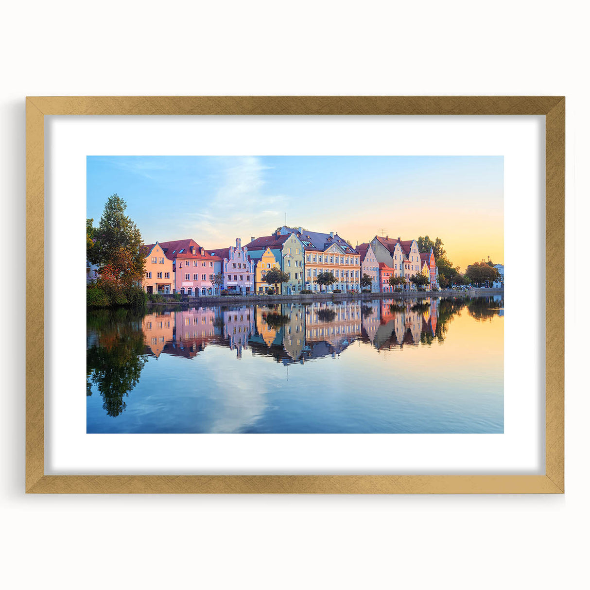 Abstract art print of a Bavarian landscape in muted earth tones on a gold-framed mat, ideal for dining room decor.
