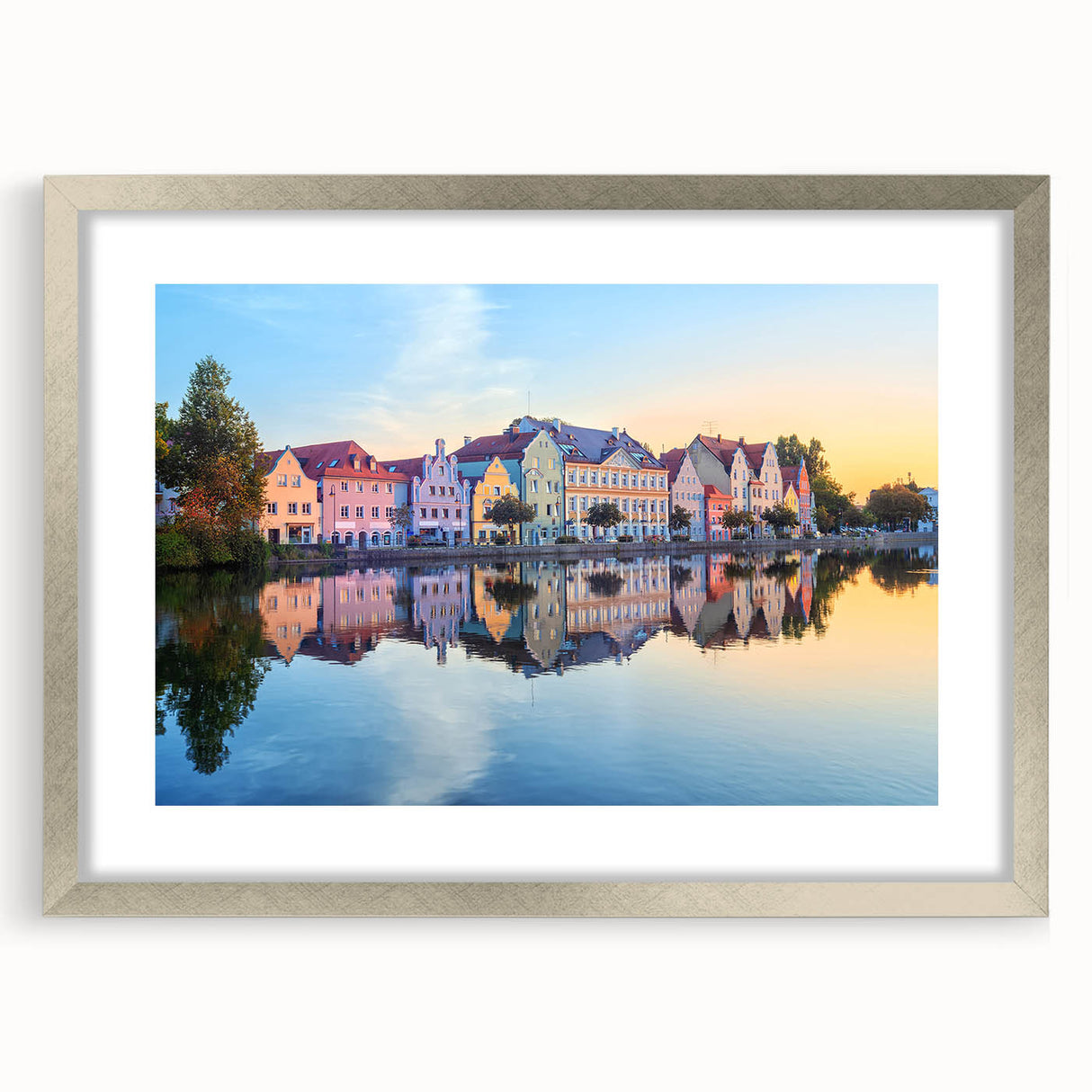 Extra large abstract art print depicting a textured Bavarian landscape in muted earth tones, framed in silver.