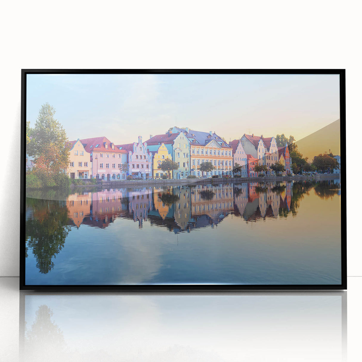 Large abstract wall art depicting a Bavarian landscape in muted earth tones, framed in black acrylic.