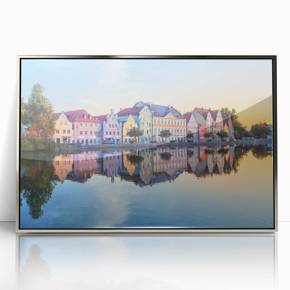 Acrylic print of a Bavarian landscape in muted green and blue tones, framed in silver, suitable for modern art wall decor.