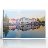 Mid-century modernist art depicting Bavarian landscape in muted colors on a framed acrylic, ideal for nursery wall decor.