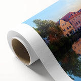 Art Deco style poster of Bavarian scenery on rolled canvas, with muted earth tones, ideal for nursery wall art.