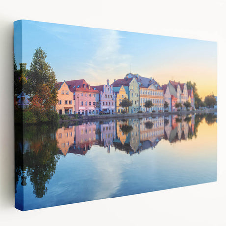 Scenic Bavarian landscape on stretched canvas, showing lush green fields and distant mountains, ideal for kitchen wall art.