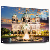 Acrylic print of Berlin skyline in muted gray and blue tones, suitable for bedroom or dining room decor.