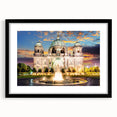 Abstract art print of Berlin scenery in vibrant colors on a large framed canvas, suitable for living room decor.