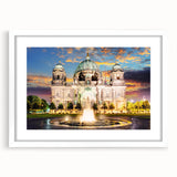 Textured abstract art print of Berlin scenery in muted gray and blue tones, framed with a white mat, ideal for bedroom art.