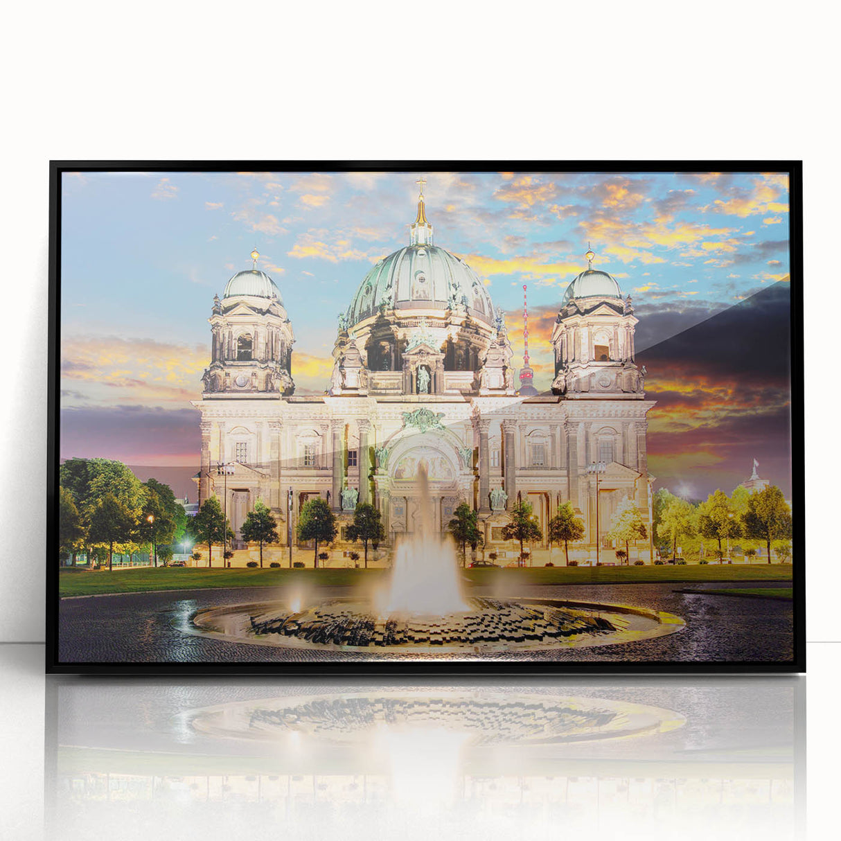 Large abstract wall art of Berlin's cityscape in black and white tones, acrylic print in a black frame.