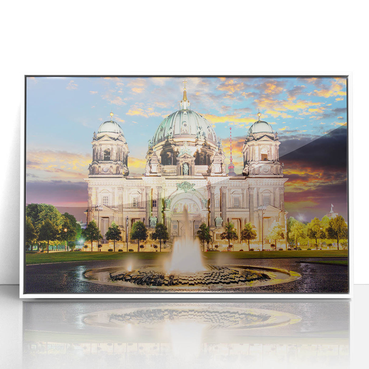 Mid-century modernist art depicting the Berlin skyline in muted blue and gray tones.