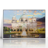 Mid-century modernist art depicting the Berlin skyline in muted blue and gray tones.