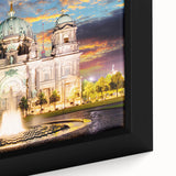 Extra large framed canvas of a textured Berlin cityscape in black with colorful accents, ideal for living room decor.