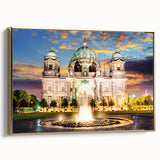 Framed canvas of a vintage-style Berlin landscape in black and gold tones, ideal for bedroom wall art.