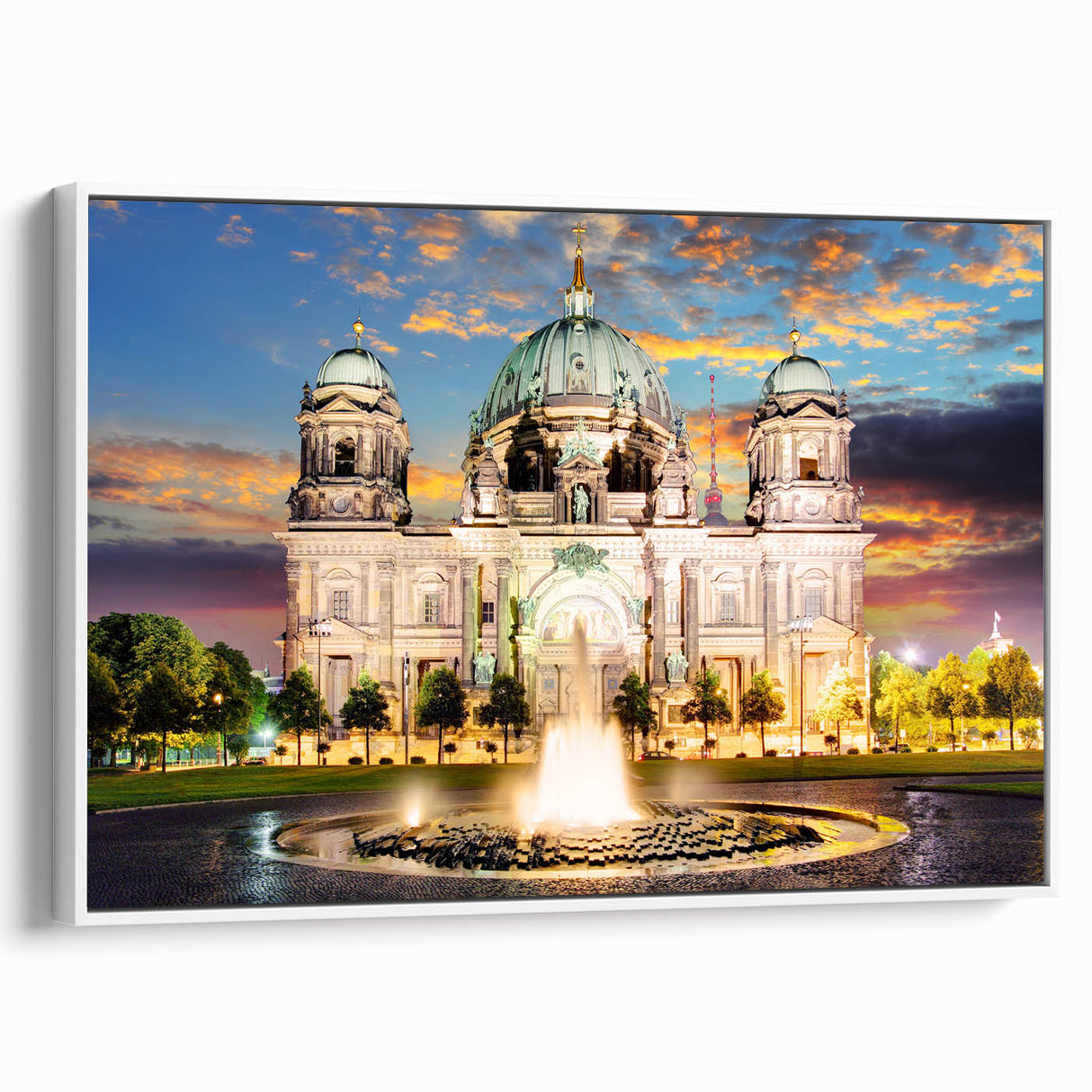 Vintage poster art of Berlin scenery on framed canvas, featuring colorful art in extra large size.