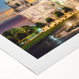 Art deco poster of Berlin skyline in muted gray and blue tones on rolled canvas, suitable for dining room wall art.