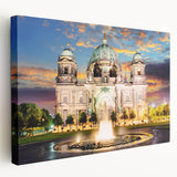 Large art print of Berlin cityscape on stretched canvas, featuring muted gray and blue tones, ideal for kitchen wall art.