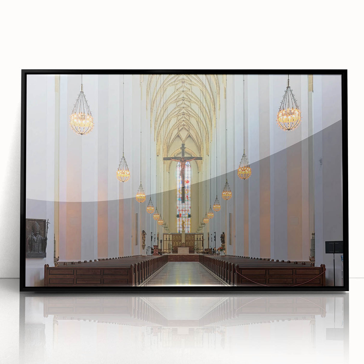 Large abstract wall art depicting Munich scenery in mid-century modernist style, with muted earth tones on a framed acrylic.