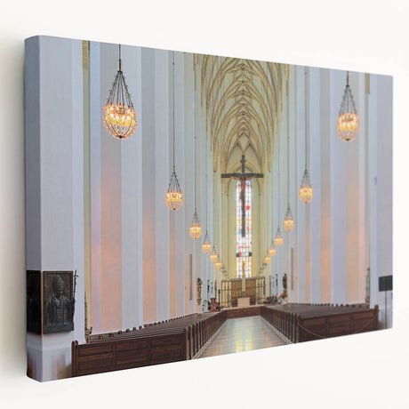 Large stretched canvas depicting Munich skyline in muted gray and blue tones, suitable for kitchen wall art.