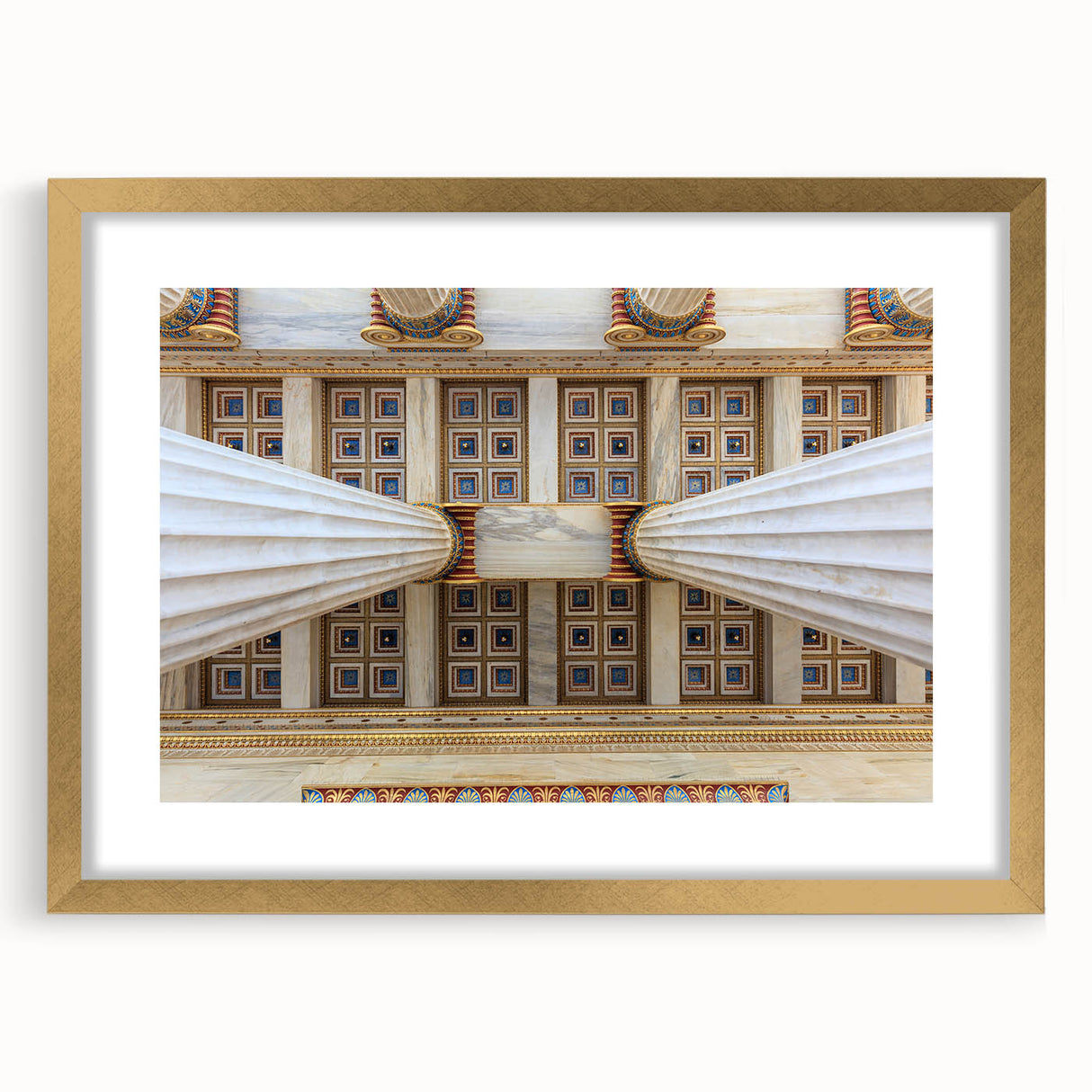 Abstract art print of Athens scenery in muted gray and gold tones on a framed canvas, suitable for dining room decor.