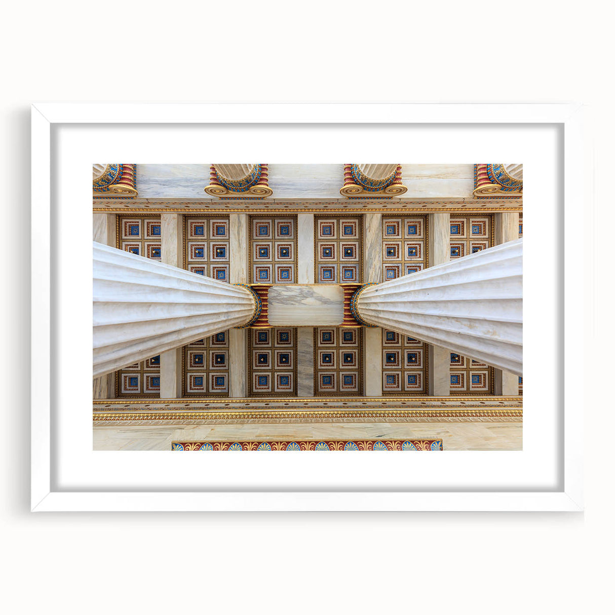 Textured art print of abstract Athens scenery in muted earth tones on a framed white mat, suitable for bedroom decor.