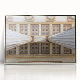 Acrylic print of Athens skyline in muted earth tones, framed in silver, ideal for modern art wall decor.