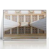 Mid-century modernist art of Athens skyline in muted gray and blue tones on framed acrylic, suitable for nursery wall art.