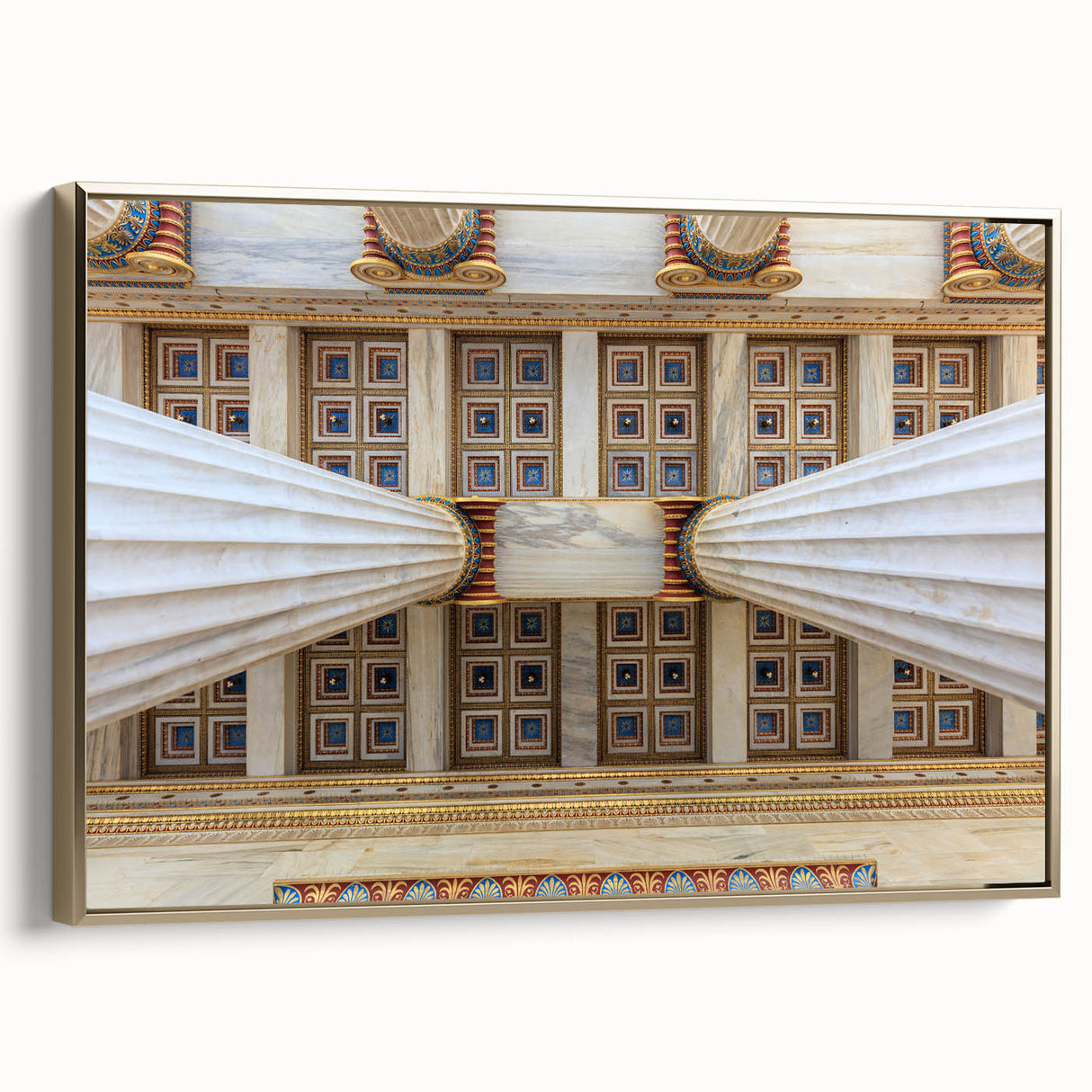 Framed canvas of Athens landscape with vintage poster art style in black and gold tones, suitable for bedroom decor.