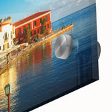 Large abstract wall art depicting a Crete, Greece scenery in muted earth tones on acrylic glass.