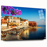 Acrylic print of a Crete, Greece landscape in soft blue and white tones, ideal for bedroom or dining room decor.