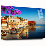 Large abstract wall art of a Crete, Greece scenery in muted earth tones on acrylic glass.