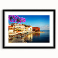 Abstract art print of a colorful European scenery, textured details on extra large canvas, ideal for living room decor.