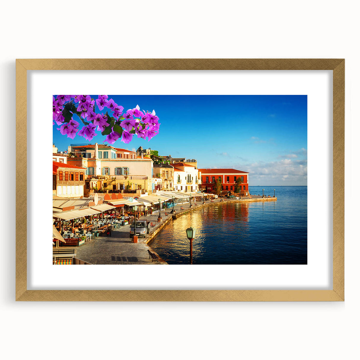 Abstract art print of Crete, Greece, in muted earth tones on a framed canvas, suitable for dining room or bedroom decor.