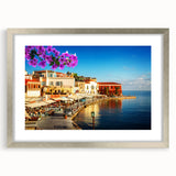 Extra large abstract art print of a textured European scenery in muted earth tones, framed in silver.