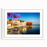 Textured art print of abstract Crete, Greece scenery in muted earth tones on a framed white mat, suitable for bedroom decor.