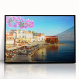 Large abstract wall art depicting a European scenery in Crete, Greece, displayed in a black framed acrylic.
