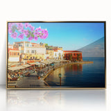 Art deco poster of Crete scenery in gold framed acrylic, featuring muted earth tones, ideal for modern art wall decor.