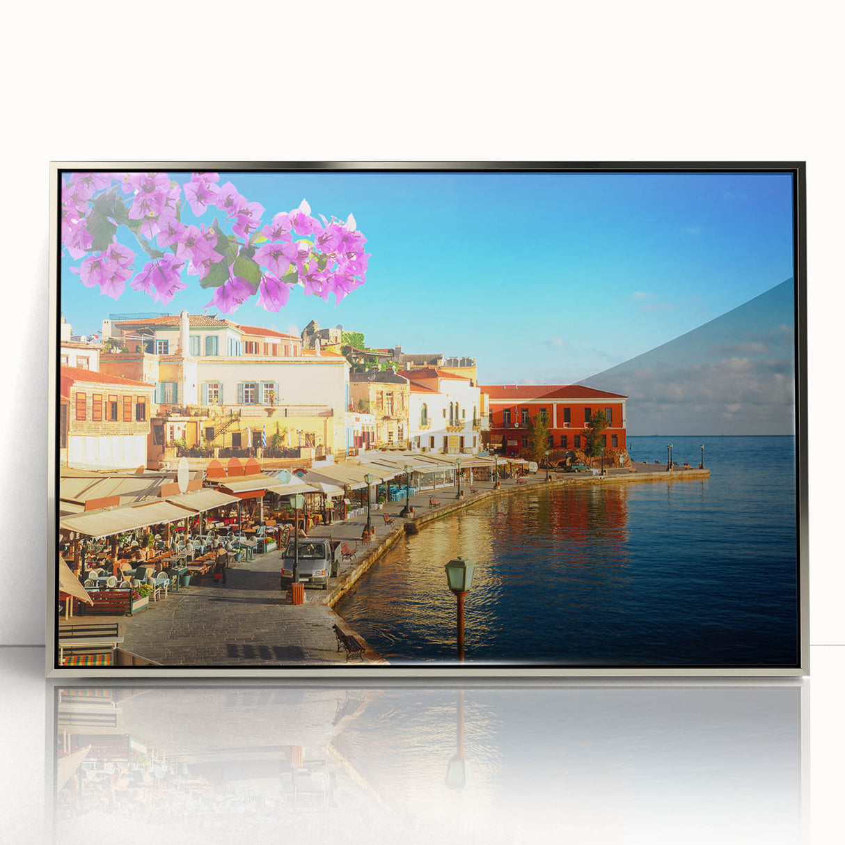 Acrylic print of a European landscape in Crete, featuring muted earth tones, framed in silver.