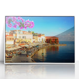 Mid-century modernist art depicting the Crete coastline in muted blue and white tones, acrylic print framed.